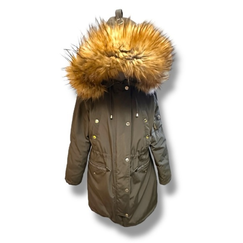 Women’s L Micheal Kors Olive Khaki Green Faux Fur Down Filled Parka